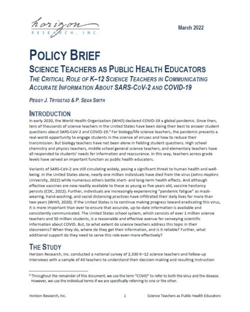 Cover of Policy Brief: Science Teachers as Public Health Educators - click to download